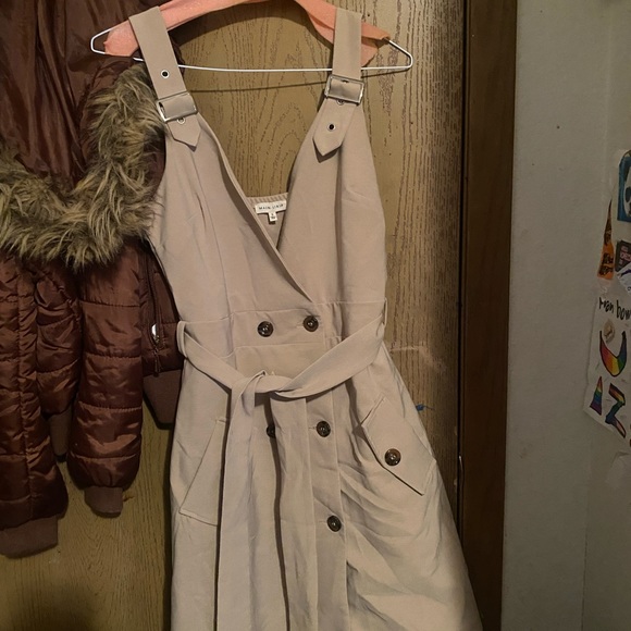 Above Knee Length Tan dress with brown buttons and silver bucked straps - Picture 3 of 4